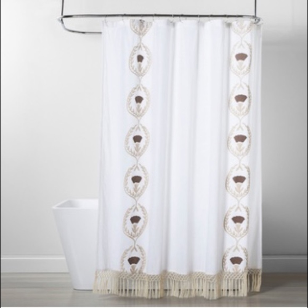 Boho Embroidered fringe cotton shower curtain